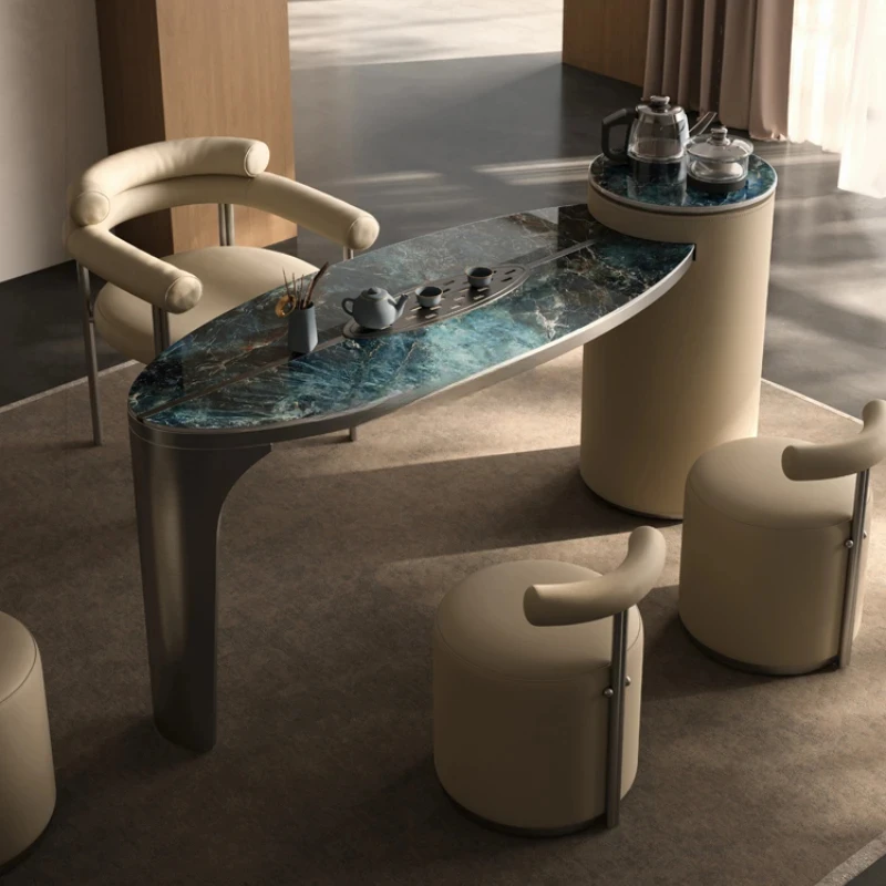 

Luxury stone rock slab tea table tea table designer high-end minimalist special-shaped saddle leather