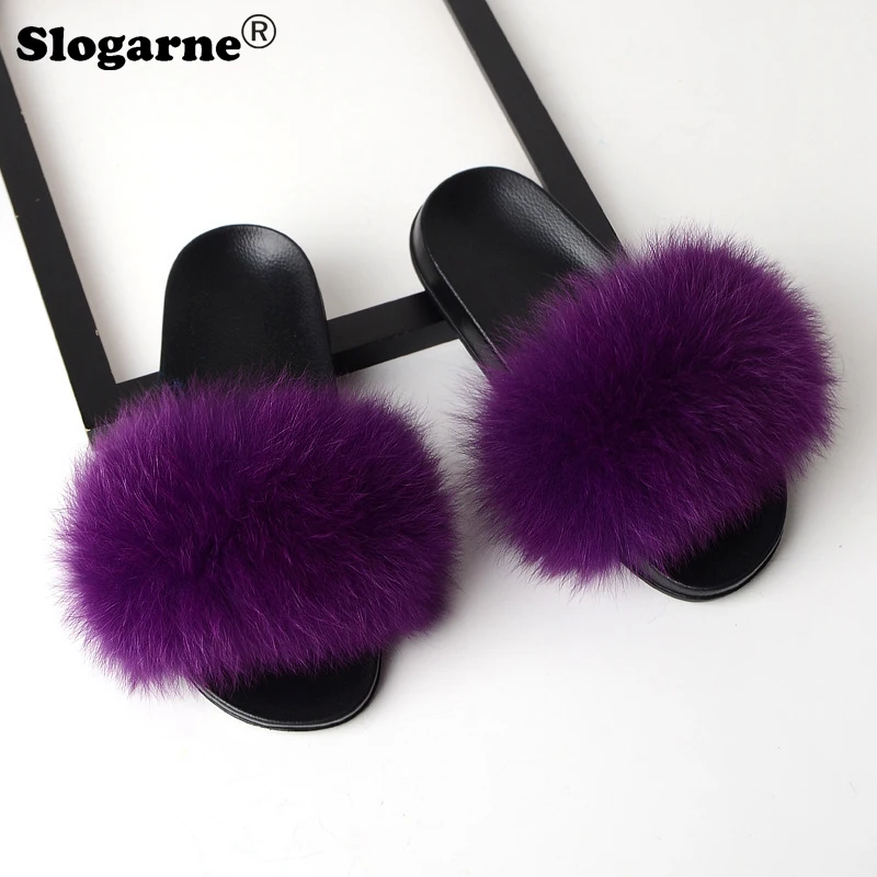 Women 2024 Fashion Summer Fox Fur Slippers Girls' Fuzzy Faux Fur Slides Fluffy Sandals Summer Cool Shoes Woman Furry Flip Flops