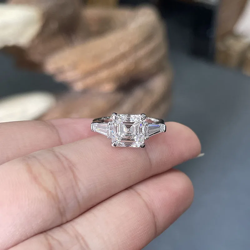 Platinum 950 3CT Asscher Cut Lab Grown Diamond Engagement Ring IGI Certified DEF VS-VVS Three Stone Tapered Baguette Design