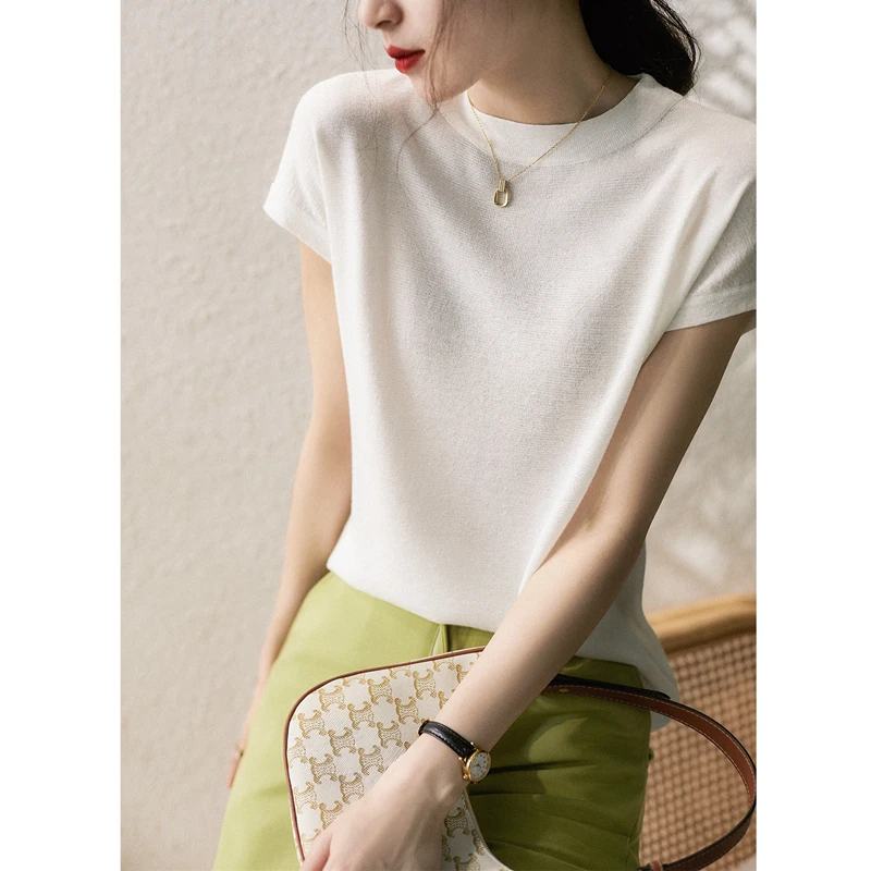 bright silk knit short sleeve women loose ice silk T-shirt summer wear new Korean linen round collar versatile thin jacket