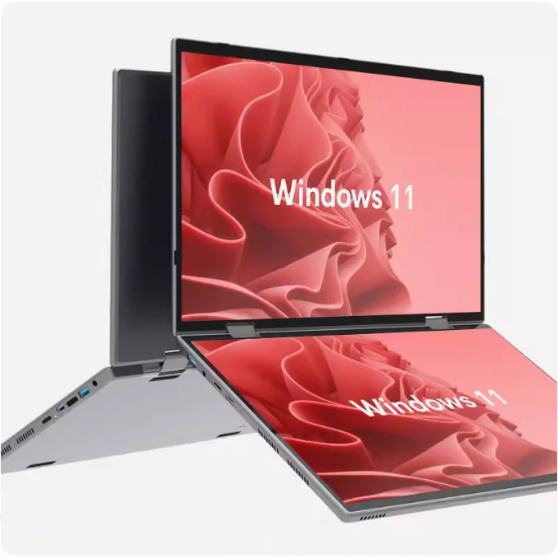 Intel N100 CPU portátil de doble pantalla 14 "+ 14" 2K pantalla táctil portátil 32GB 360 grados caja de Metal con tapa 2 en 1 ordenador portátil