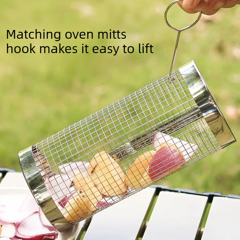 Portable Outdoor Stainless Steel Circular Barbecue Cage, Perfect for Camping, Picnicking, and Barbecuing