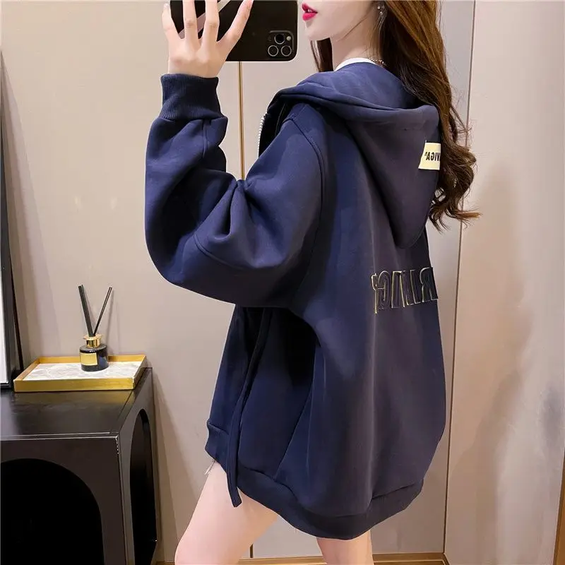 Women\'s Solid Hooded Collar Cardigan Zipper Letter Spring and Autumn Hoodies Loose Korean New Long Sleeve Pockets All Match Coat