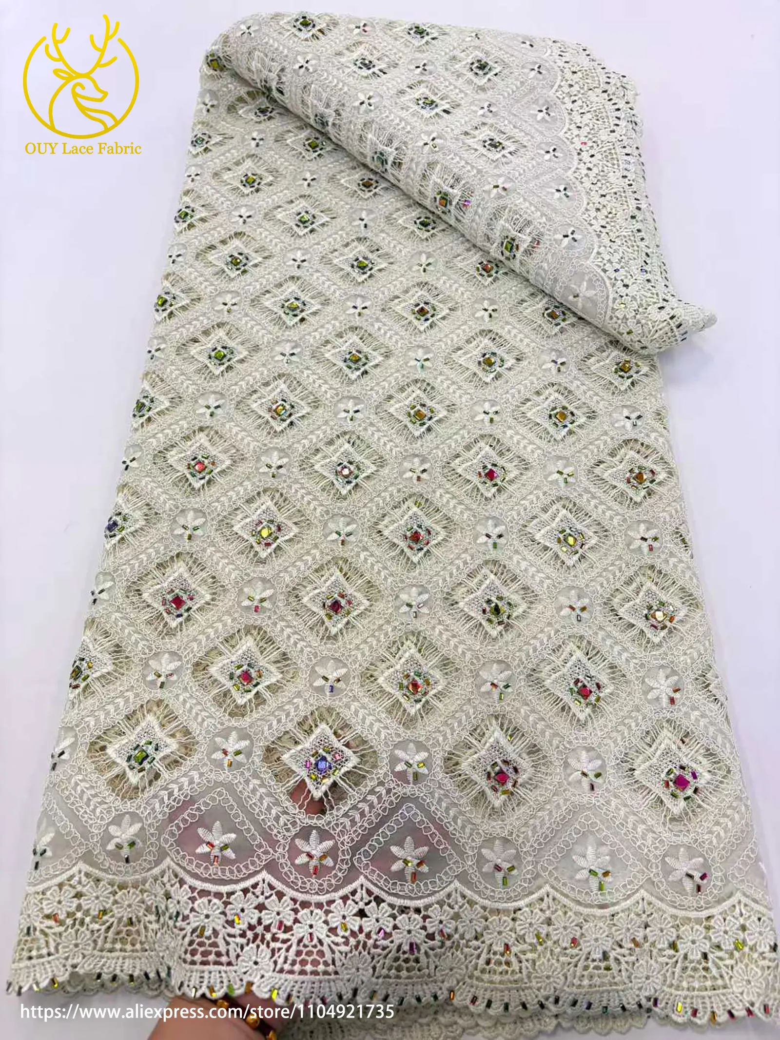 Neueste Elegante Afrikanische Guipure-Spitze mit Stickerei und Steinbesatz 2026 Hochwertige Nigerianische Abendkleider-Spitze für Partys – Detail 9