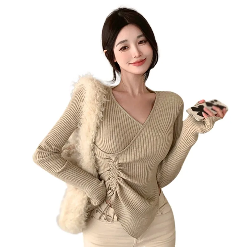 Ladies V-neck Drawstring Tie Pleated Long Sleeve Top Irregular Hem Cotton Knit Bottom Shirt Pullover Sweater