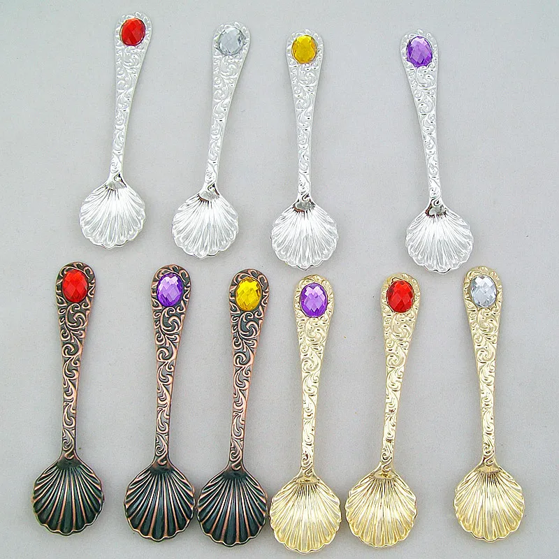 Decorative Small Alloy Spoons, Retro Coffee Ice Cream Spoon, Sea Shell Gemstone, High Quality Manufacture, New