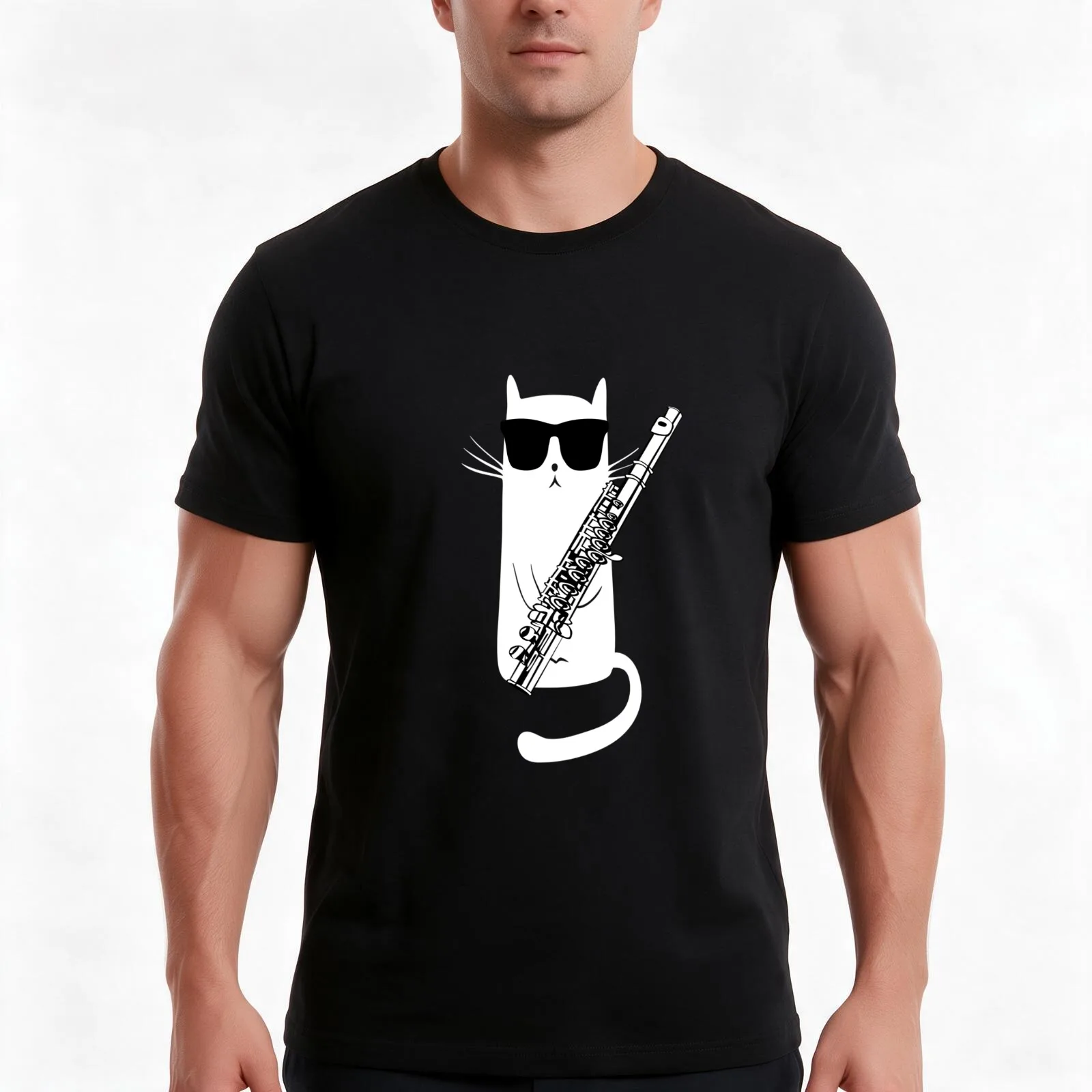 Funny Cat Wearing Sunglasses Playing Flute T-Shirt, Summer Casual Cotton Tee, Oversized Streetwear Tops, Vintage Graphic Print