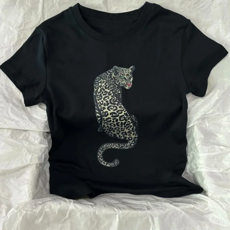 

Y2K American Casual High Street Rock Retro Leopard Graphic Print T-shirt Summer Sexy Hot Girl Gothic Hip-hop Harajuku Crop Top
