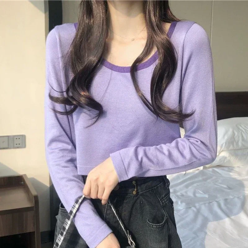 

Korean Style Spring Inner Streetwear All-match Chic Knitted Pullovers Women Panelled O-neck Baggy Sun-proof Casual Crop