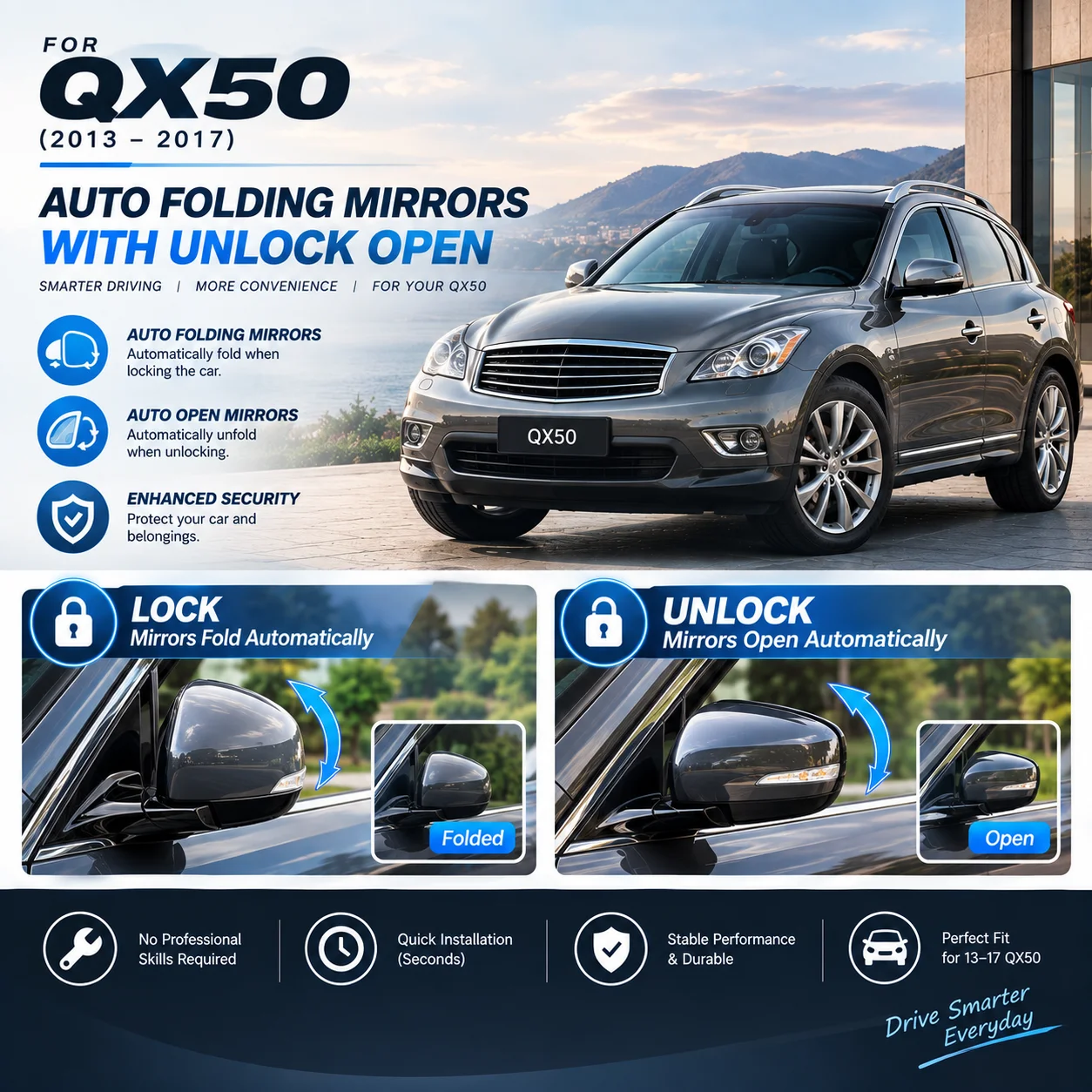 Suitable for Infiniti QX50(2013–2015 ) automatic rearview mirror folding retrofit: folds upon locking, unfolds upon unlocking