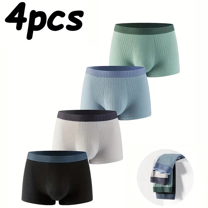 

4Pcs Men's Boxer Briefs Breathable Soft Cotton Underwear Striped Elastic Waistband Comfortable Stretch Trunks for Daily Wear