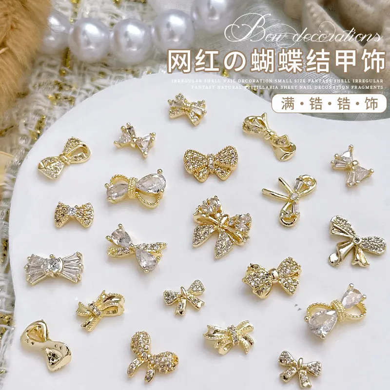 10 pcs Zircon Bowknot Nail Charms Real Gold Plated Non Fading Metal Bow Nail Rhinestones For Nail Art Decorations
