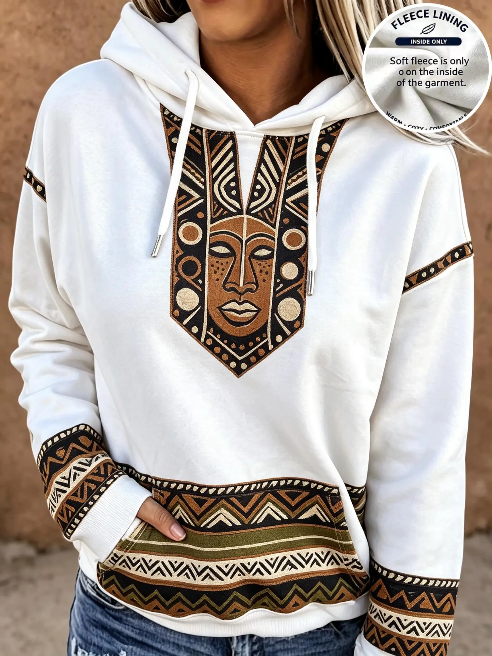 Women Fleece Hoodie African Tribal Mask Geometric Ethnic Pattern Front Print Long Sleeve Drawstring Pocket Hooded Sweatshirt