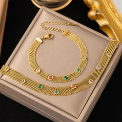 316L Stainless Steel New Fashion Fine Jewelry Droplets Heart Embed Zircon Charm Grid Chain Choker Necklaces Bracelets For Women