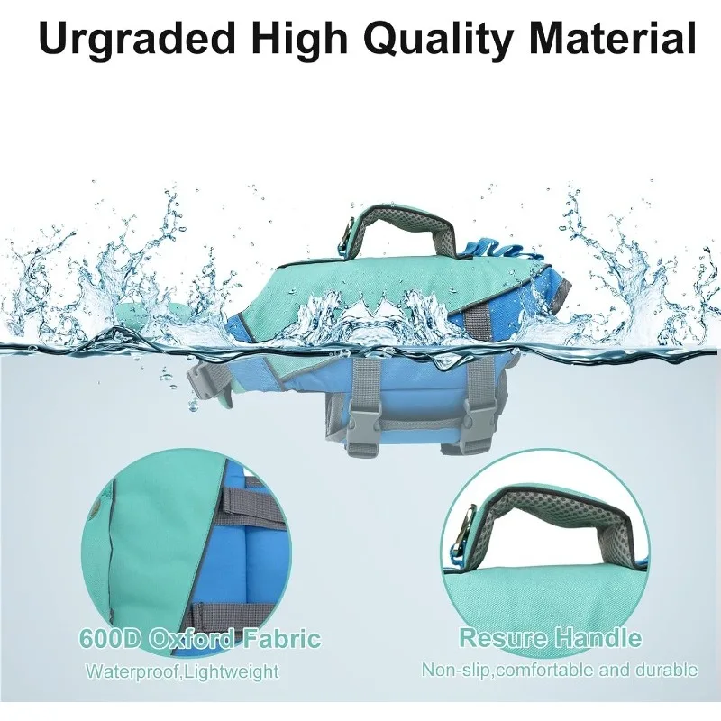 سترة نجاة للكلاب، سترة سمك القرش الآمنة للسباحة مع مقبض إنقاذ، سترة سباحة عائمة قابلة للتعديل للجرو والقوارب ومنقذة للحياة للحيوانات الأليفة