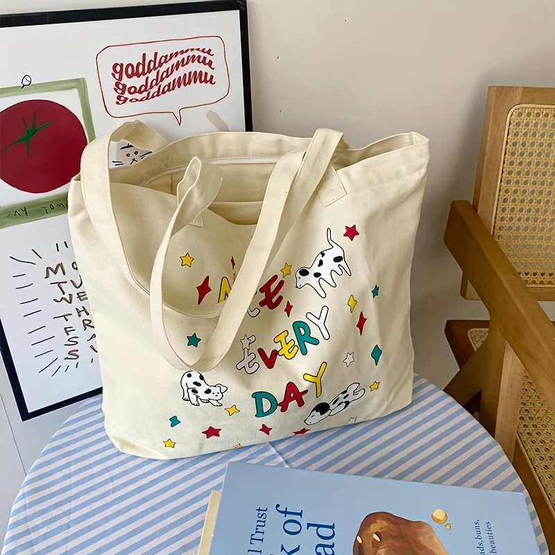 

Cute Dog tote Bag Spring/Summer New Canvas Bag Cartoon Painting Classroom Bag Zipper Style Classroom Bag Female