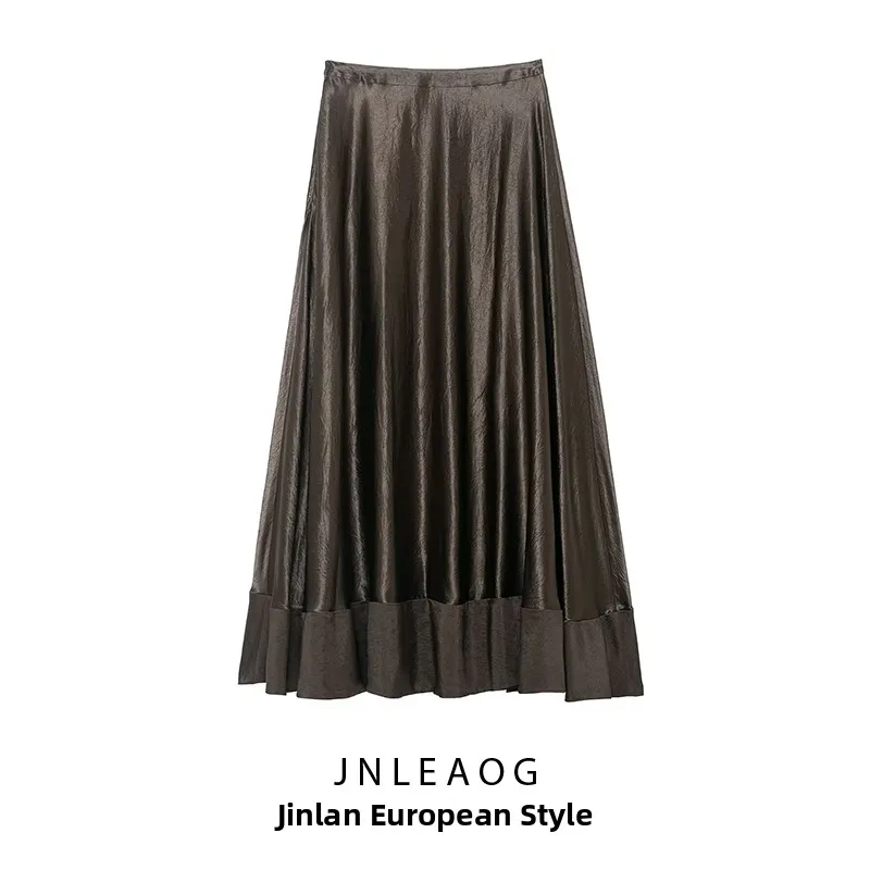 JNLEAOG Fashionable Silk Satin Midi Skirt Women's Autumn New Style Versatile Quality Asymmetrical Standard Fit Casual Skirt