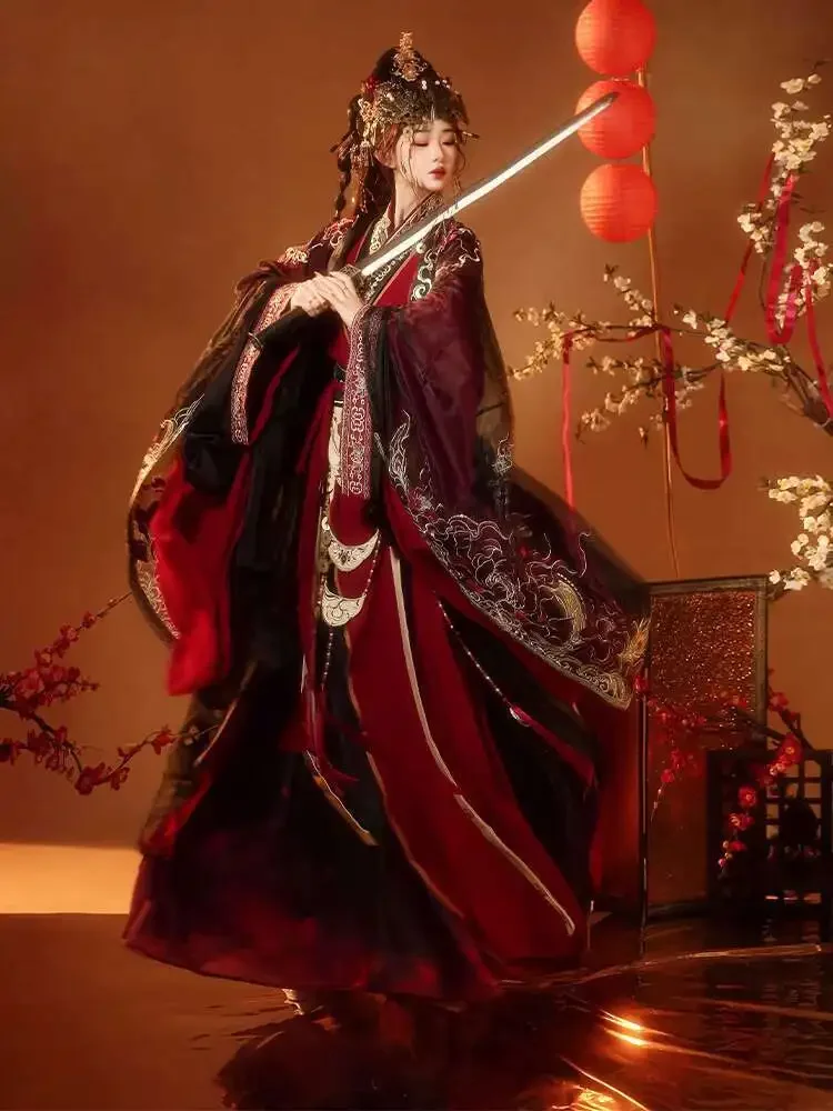 2025 Hanfu للرجال والنساء بنفس النمط [نار صناعة اللوتس الأحمر] استعادة رداء مستقيم من فترة الدول المتحاربة، ثقيل