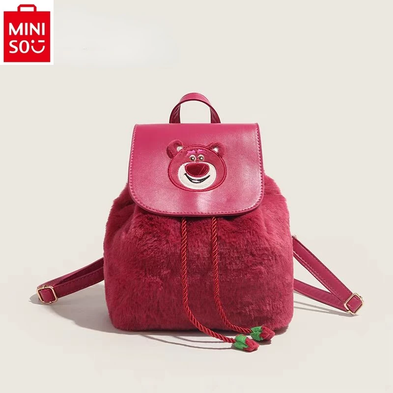 

MINISO Disney Cartoon Strawberry Bear 2024 New Cute Large Capacity Drawstring Plush Children's Backpack