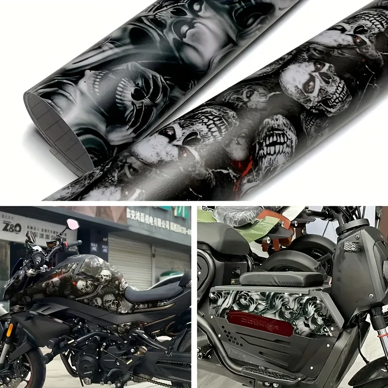

19.7 Inches by 118.1 Inches Vinyl Car Wrap Featuring a Cartoon Skull Design, Matte Carbon Fiber Black End, Air Release Sticker