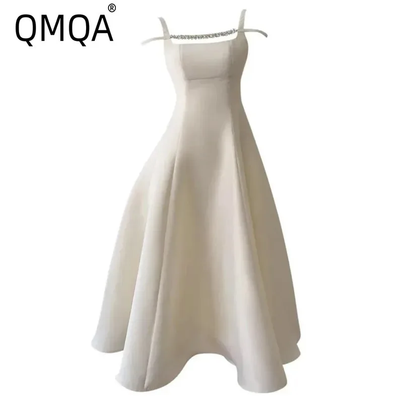 

QMQA Fashion Women's Elegant Evening Dresses Slash Collar Diamonds Spliced High Waist Sleeveless Elegant Dress Female New 1A761