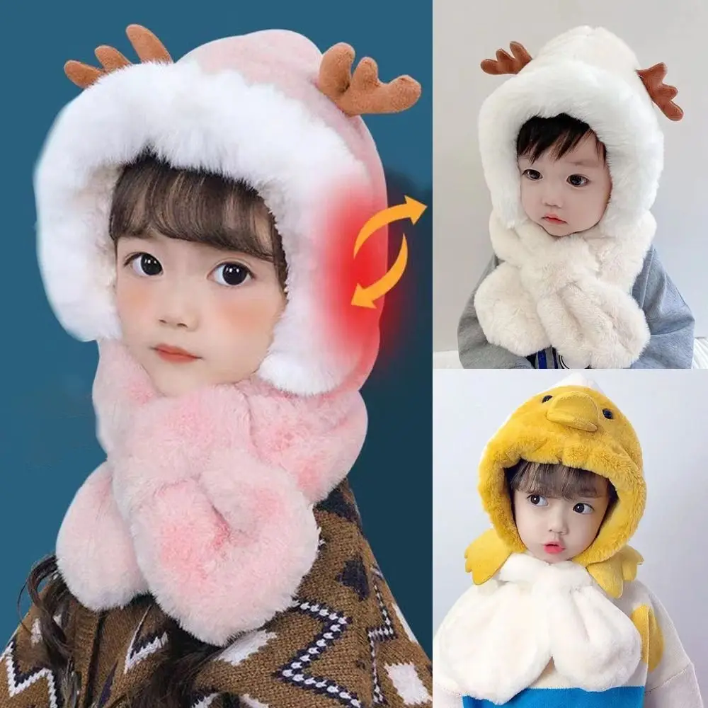 

Cute Cartoon Kids Integrated Cap Scarf Windproof Thickening Baby Hat With Scarf Casual Beanie Hat Scarf Autumn Winter