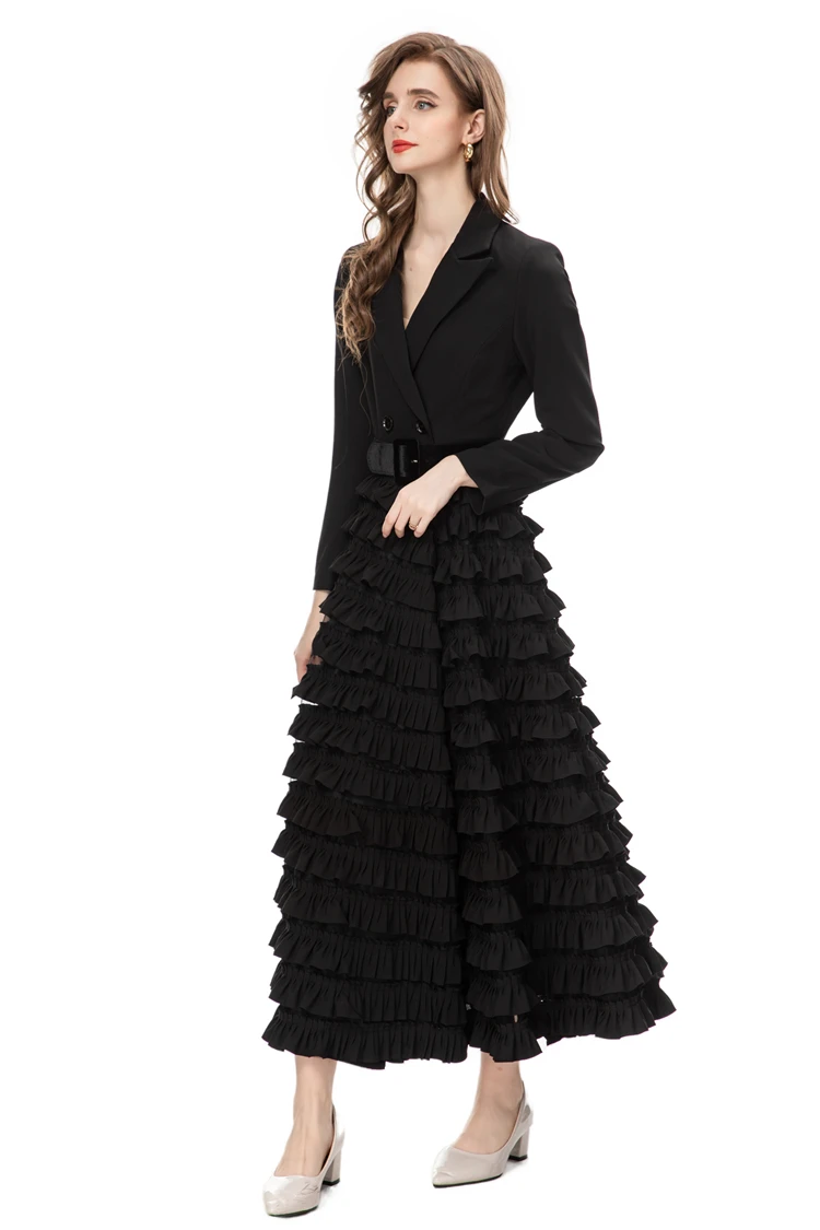 Vestido de passarela feminino com gola entalhada, mangas compridas, babados em camadas, patchwork, festa elegante, vestidos de baile