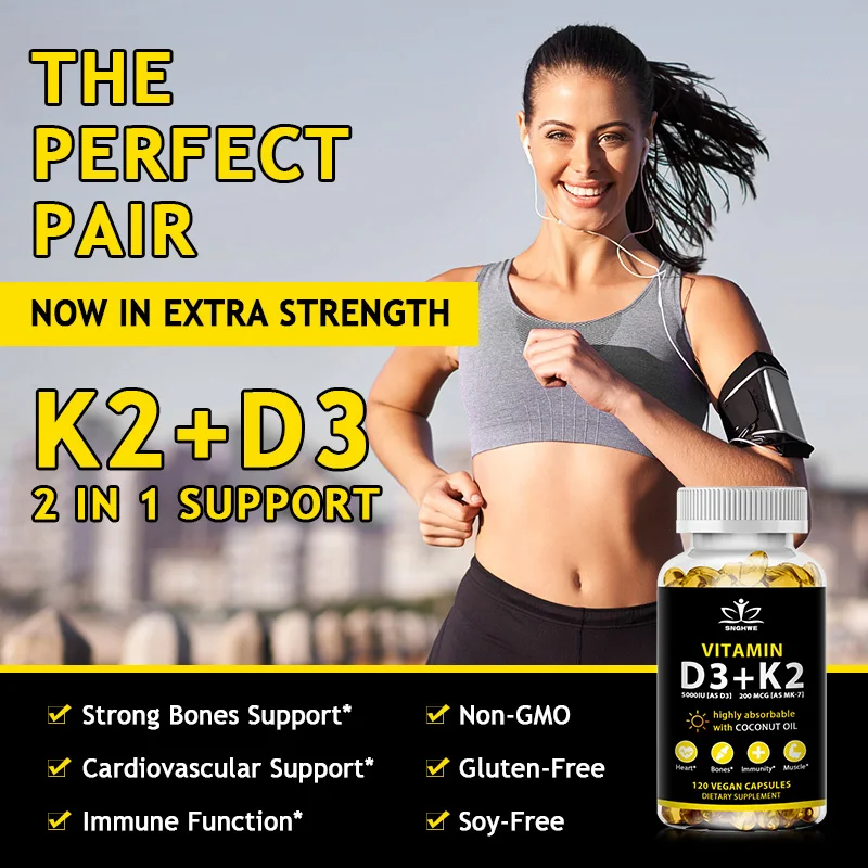 Vitamin D3 K2 Capsules Daily Supplement Natural Coconut Oil  Healthy Immune System Heart and Bones Vegetarian Supplements