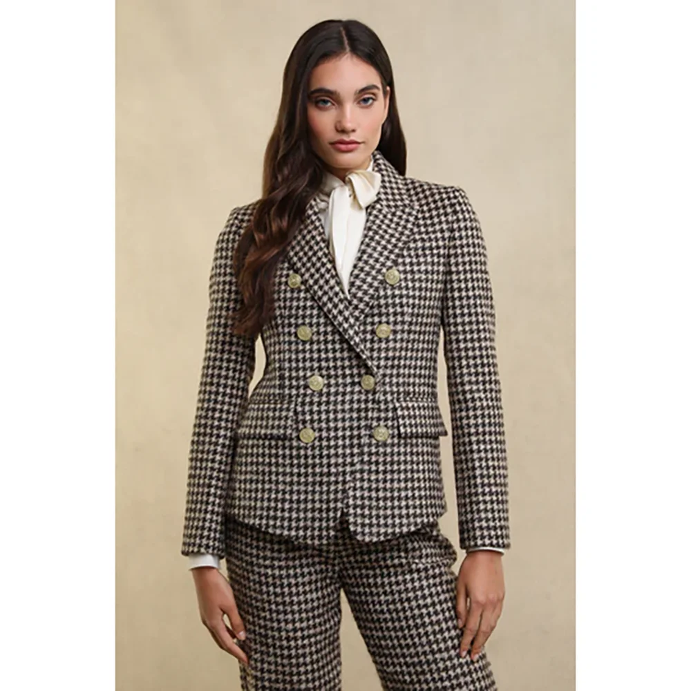 Luxo elegante houndstooth duplo breasted feminino blazer define calças ternos duas peças feito sob encomenda roupas retas