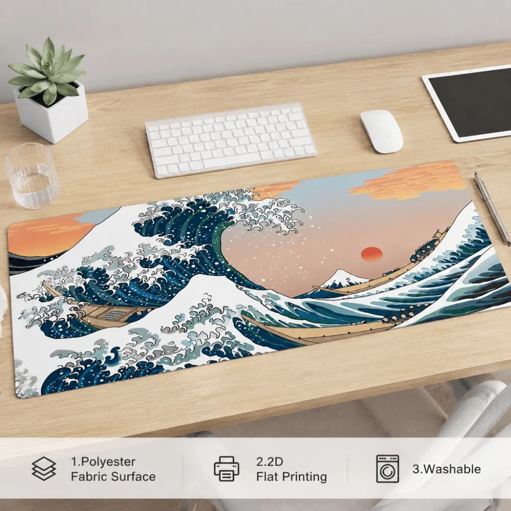 Japanese wave art table mat, featuring a print of sunset, ships and mountains, suitable for office workers, students, designers