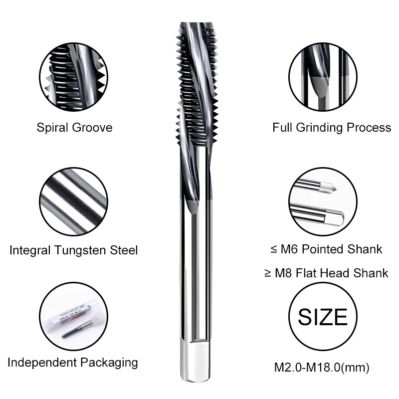 YIFINO Taps Tungsten Steel Carbide Straight Groove/Spiral Taping Tools Left-Handed M3 M4 M5 M6 M8 M10 M12 M16 M18