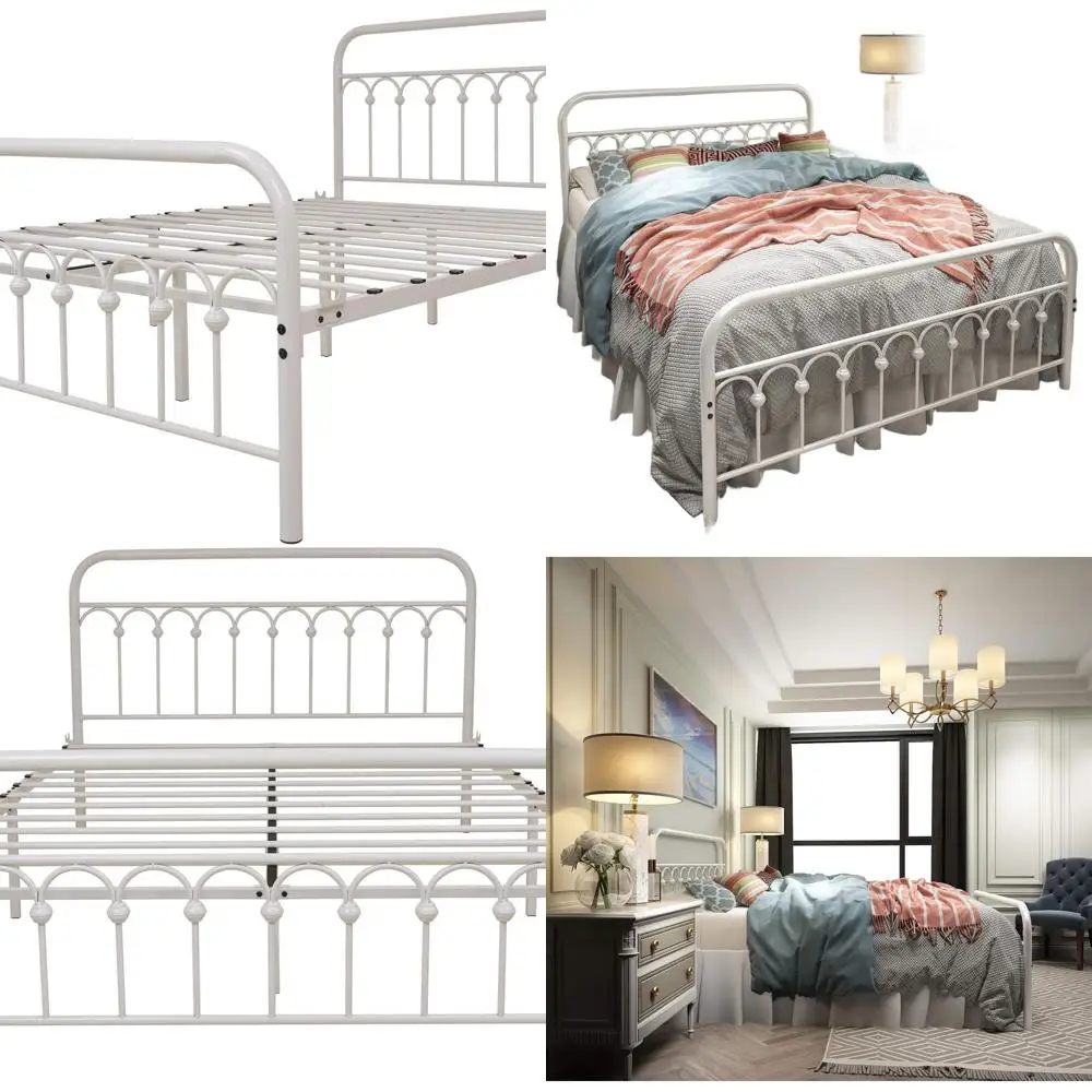 Vintage Queen Metal Bed Frame with Wrought Iron Headboard, Footboard, and Platform Base (White)