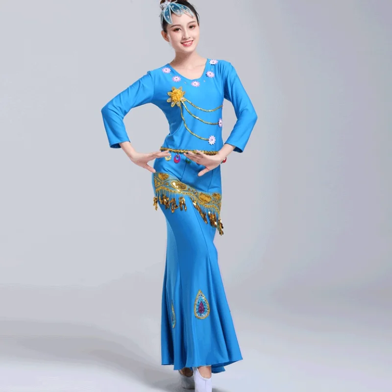 

Китайский костюм для выступлений для взрослых Дай с длинными рукавами и юбкой «рыбий хвост» для танцев павлина