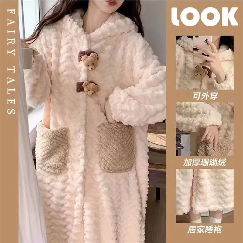 Popular Women Bear Korean-Style Pajamas Autumn Winter Coral Fleece Nightgown Adults Thickened Hooded Long Robe Nightgown Can Be 3