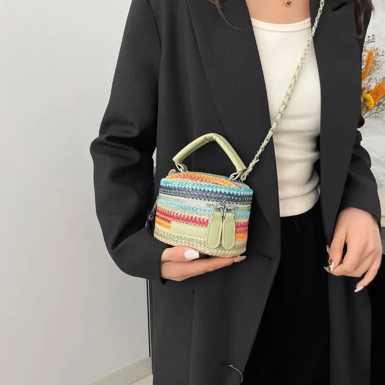 

Сумки через плечо Сумка-ведро Соломенная сумка Универсальная сумка на одно плечо в контрастную полоску Женские сумки