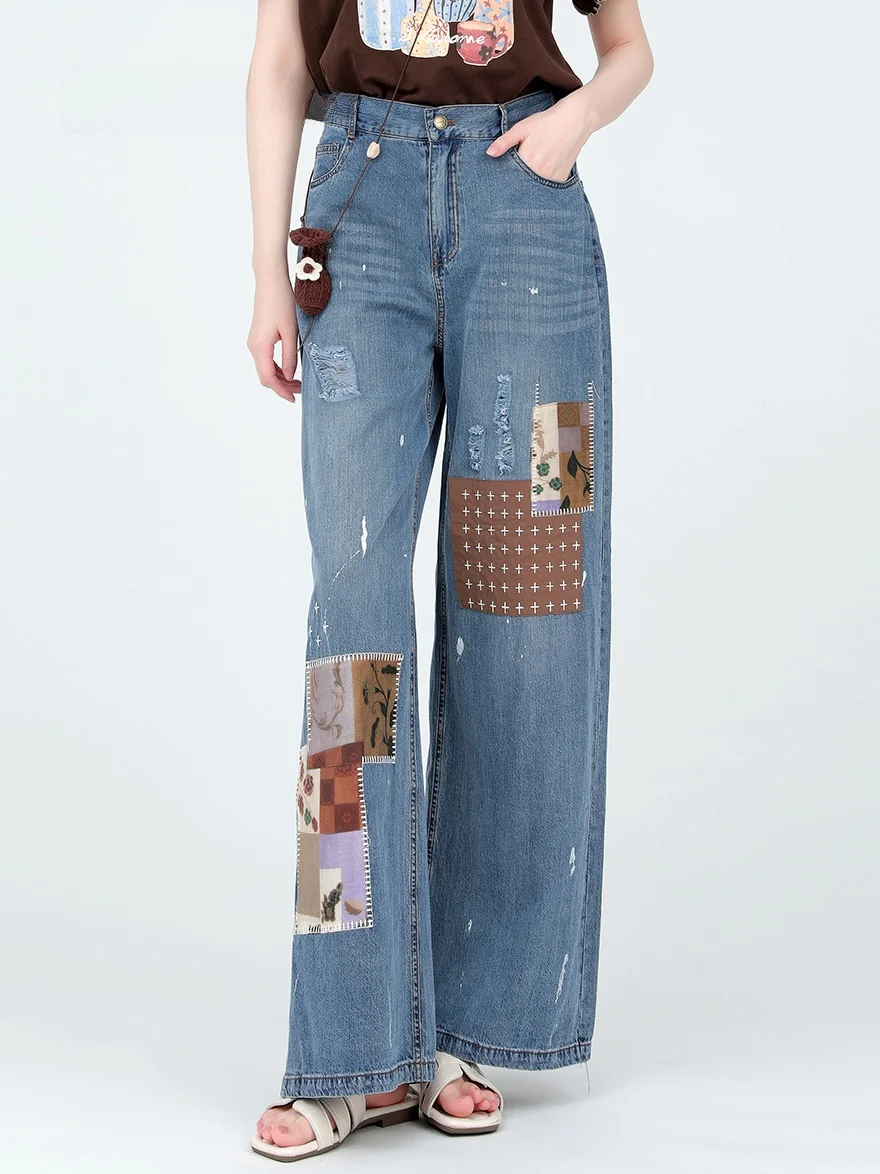 

Dailanzhi Summer New American Street Style Wide Leg Denim Pants High Waist Printed Women's Jeans Straight Cut Spring Fashion