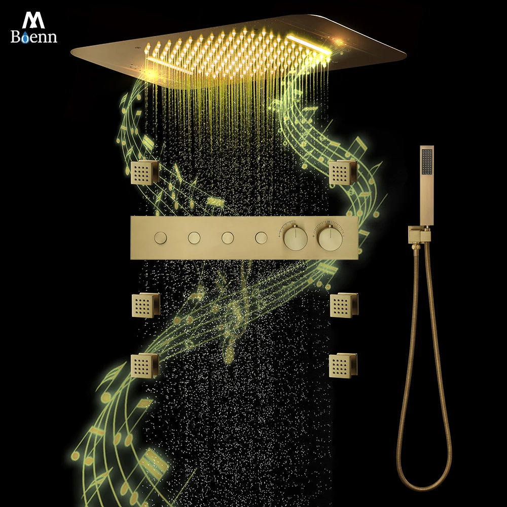 M Boenn 22.8*14.9 inch Music Shower Head Bathroom Brushed Gold Shower System Set Concealed Golden Faucet Smart LED Showerhead