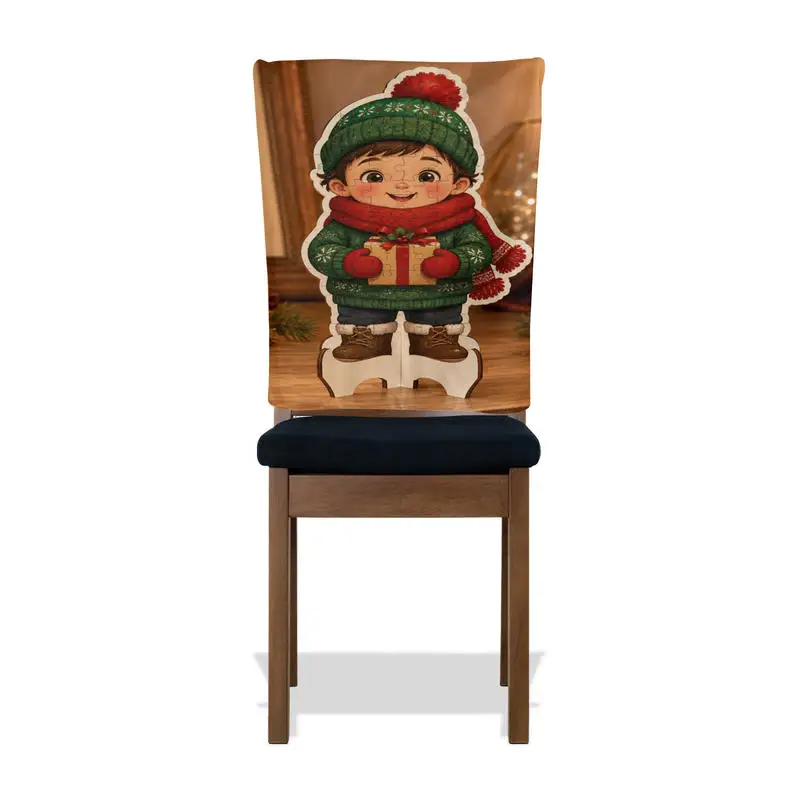 Christmas Half Dining Chair Back Cover, 85g Peach Skin Velvet, Cute Cartoon Kid With Gift Printed Chair Slipcover, Removable Xma