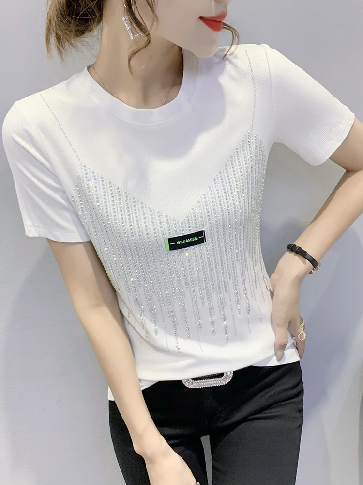 تي شيرت نسائي من Faionable ort Sve مزين ثقيل وتدفئة ماسية كورية Sle بقصة ضيقة من قطن الخيزران مستدير Ne