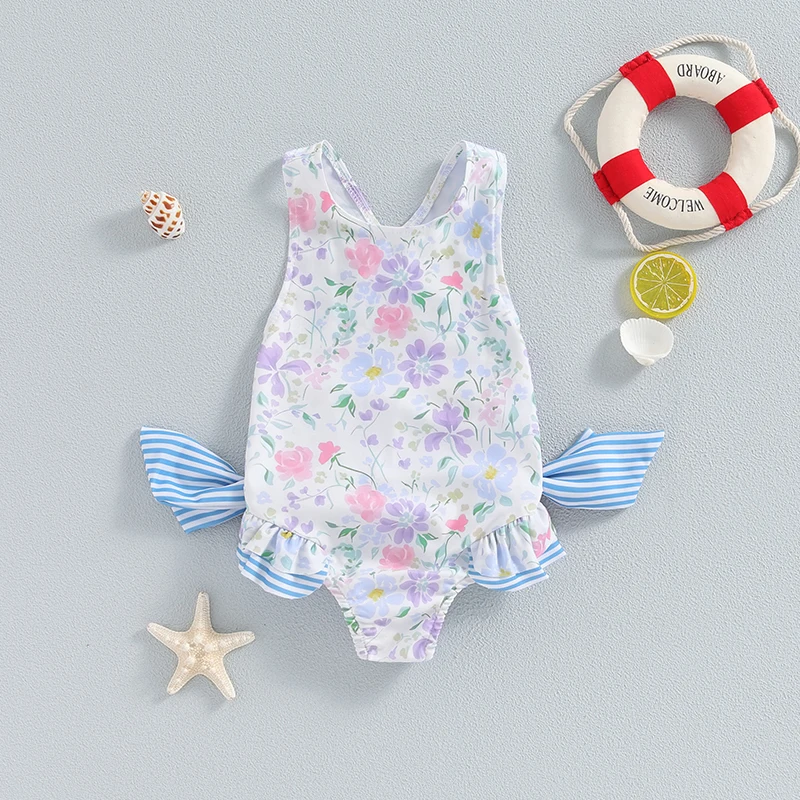 Tregren 1-6Years Kids Girls Floral Print Swimsuit with 3D Bow Cute Sporty Summer Swimwear Toddler Infant Bathing Suit Beachwear