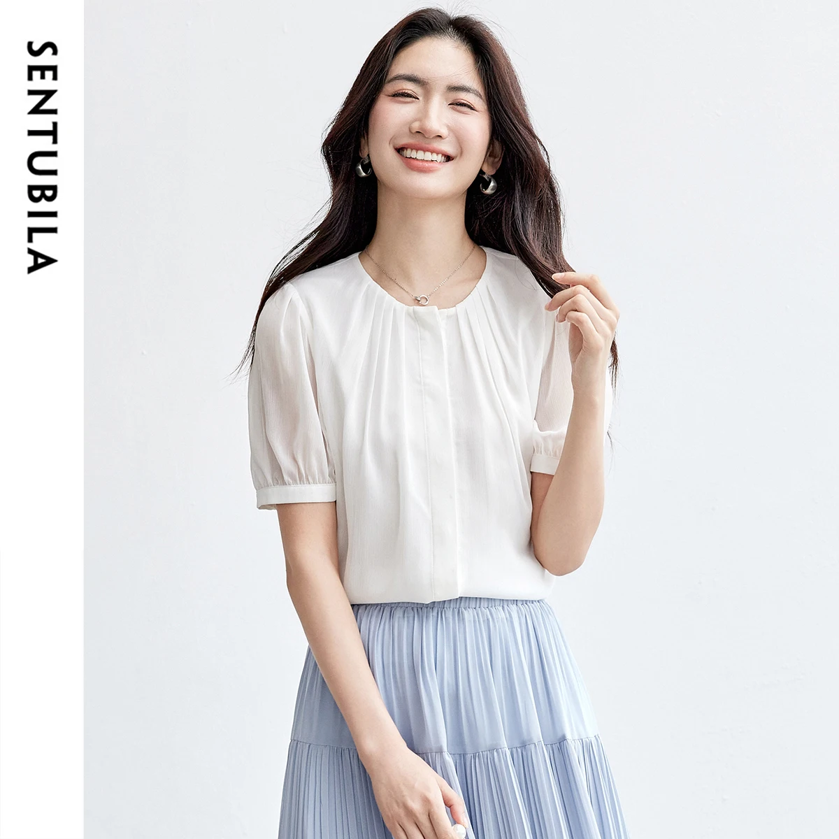 SENTUBILA Chiffon Shirt Summer Pinch Pleated Round Neck Blouse Women 2025 New Collection White Top Women's Clothing Q52VA1868