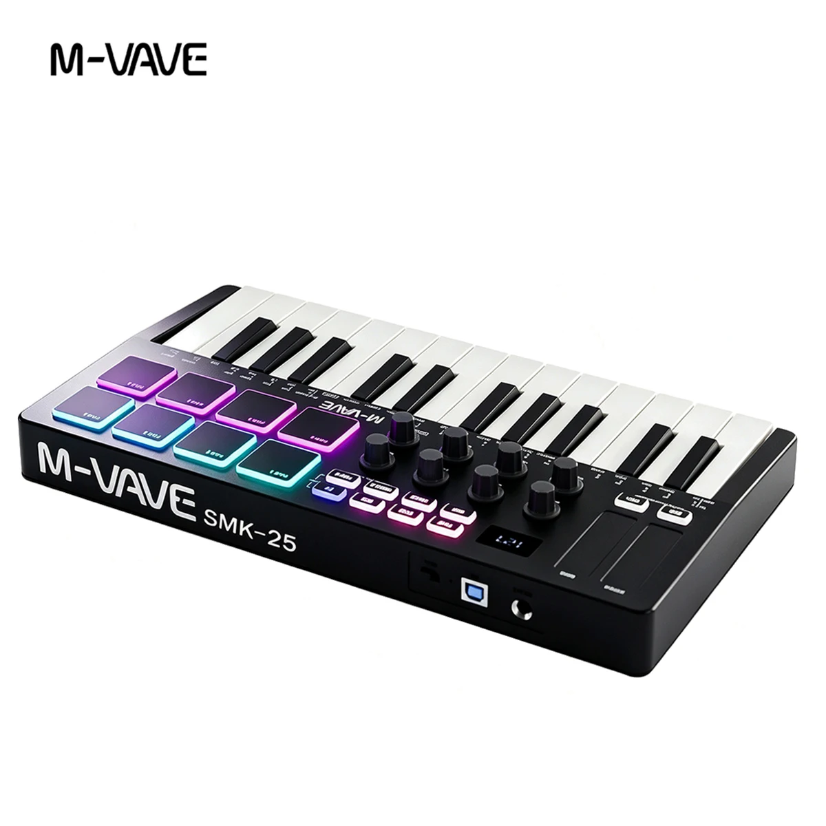 M-VAVE SMK-25 Black Wireless MIDI Keyboard – 25 Keys, 8 RGB Pads, 8 Knobs, Bluetooth, 2000mAh Battery, Portable