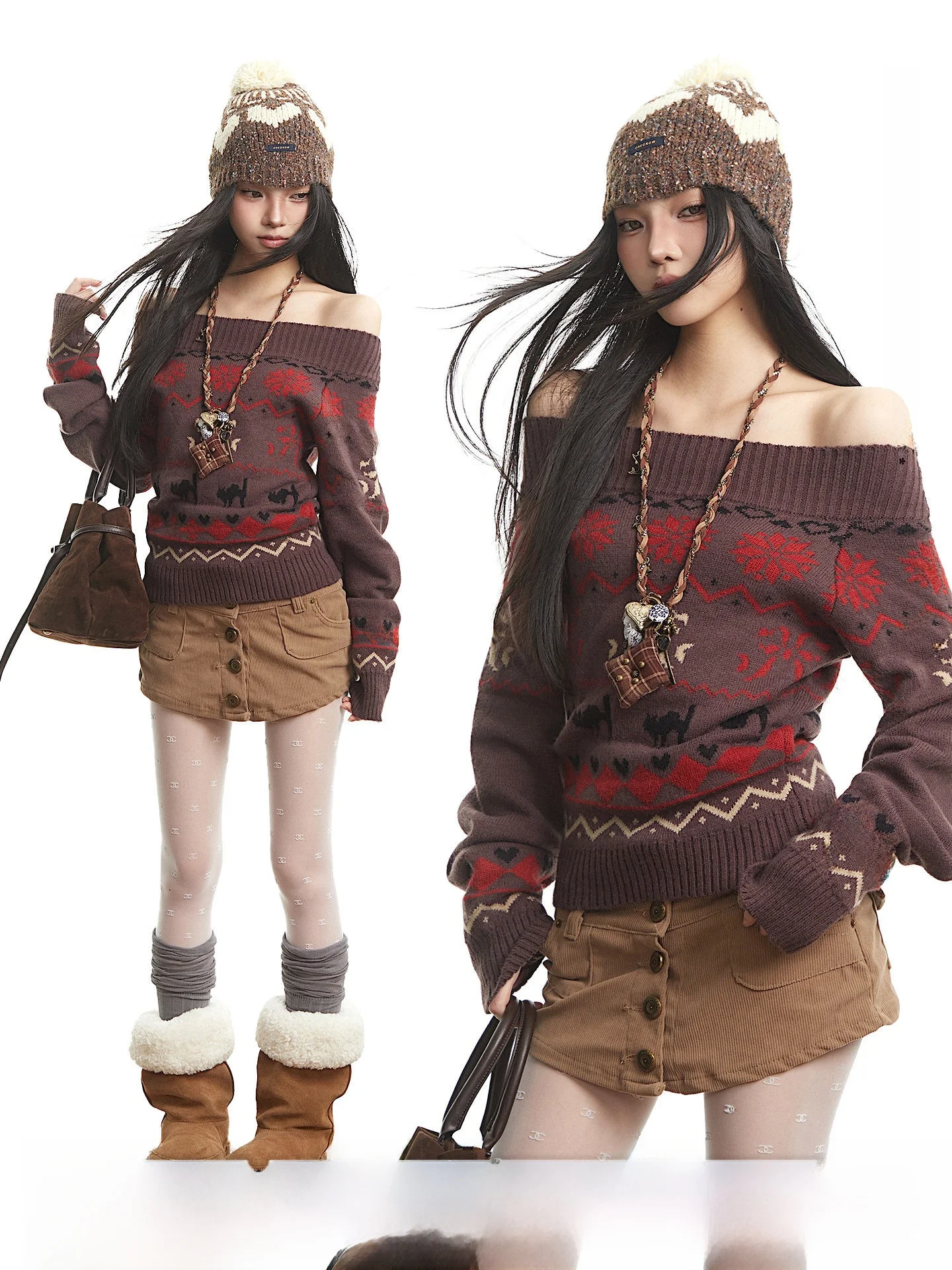 

UNCMHISEX Красно-коричневый вязаный свитер с одним открытым плечом и узором снежинки, женский, свободного кроя, осенне-зимний, модный, для повседневной носки