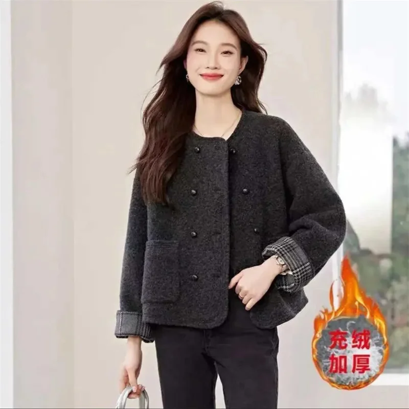 

New outerwear Autumn and Winter Fragrant Tweed Dark Gray Plush Small Fragrant Coat Fashion Warm High-grade Double-Breasted