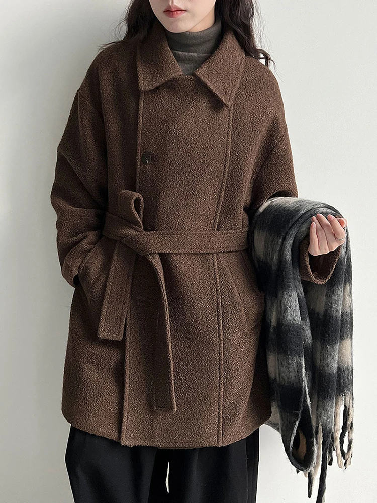 YERMORA Coffee Belt Irregular Button Woolen Coat For Women Lapel Long Sleeve Loose New Overcoat Fashion Tide Autumn Winter 2025