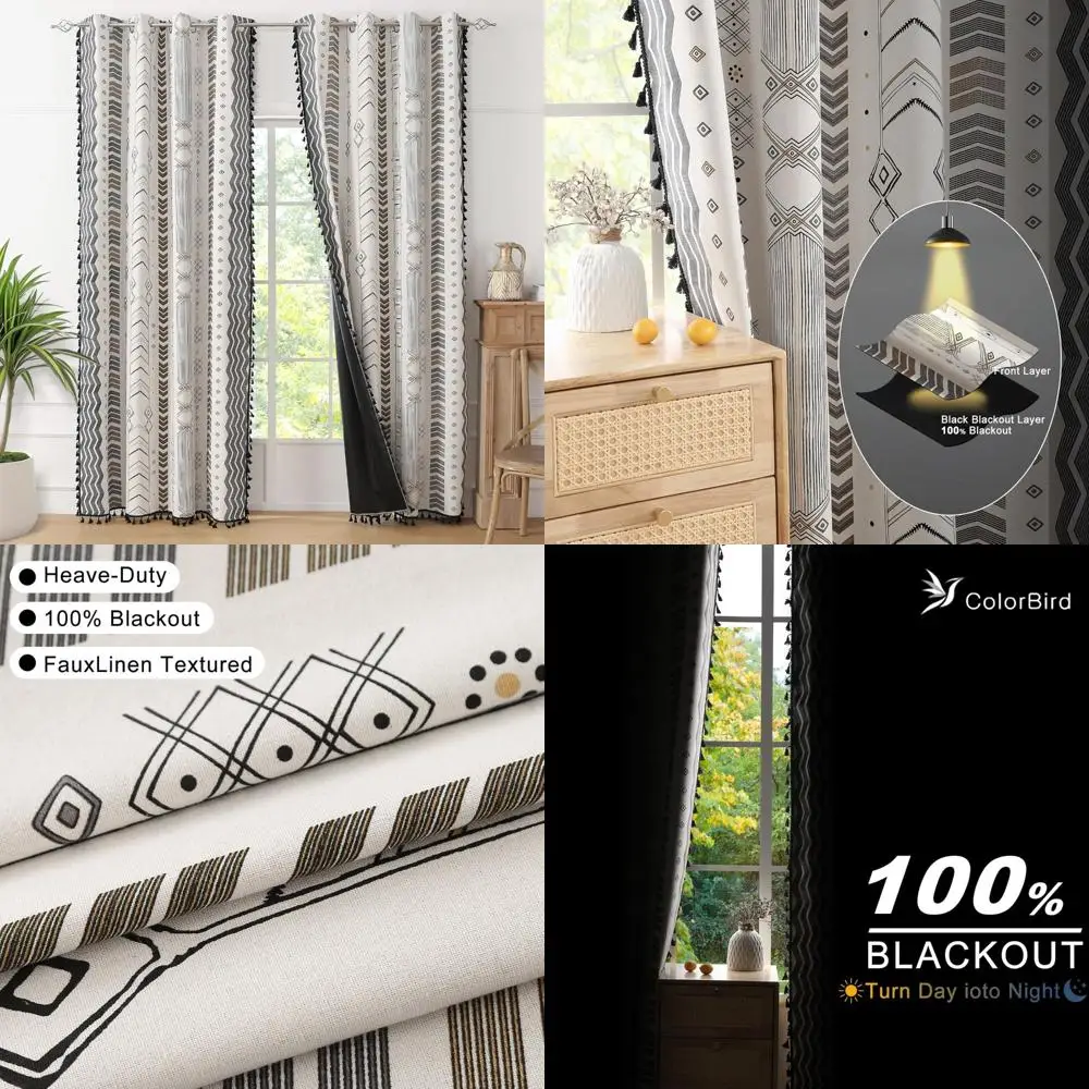 

100% богемные плотные шторы ColorBird — набор из 2 предметов, 63-дюймовый, черно-белый западной юго-западный ацтекский термоизолированный Patt