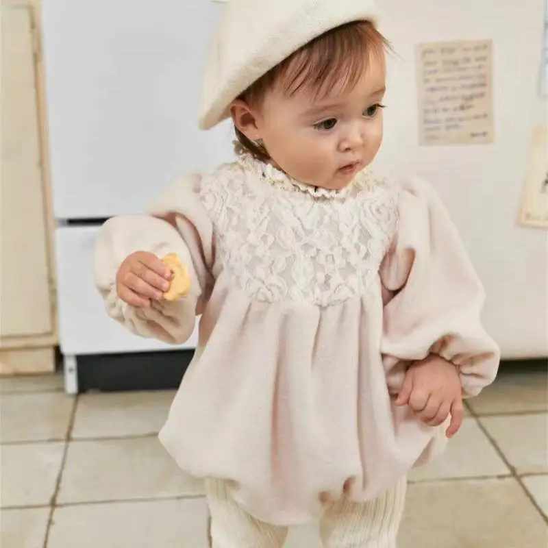 Autumn Winter Ins Girl Baby Fleece Thick Lace Collar Puff Sleeves Bodysuit Newborn Infant Solid Plus Velvet Warm Casual Onesie