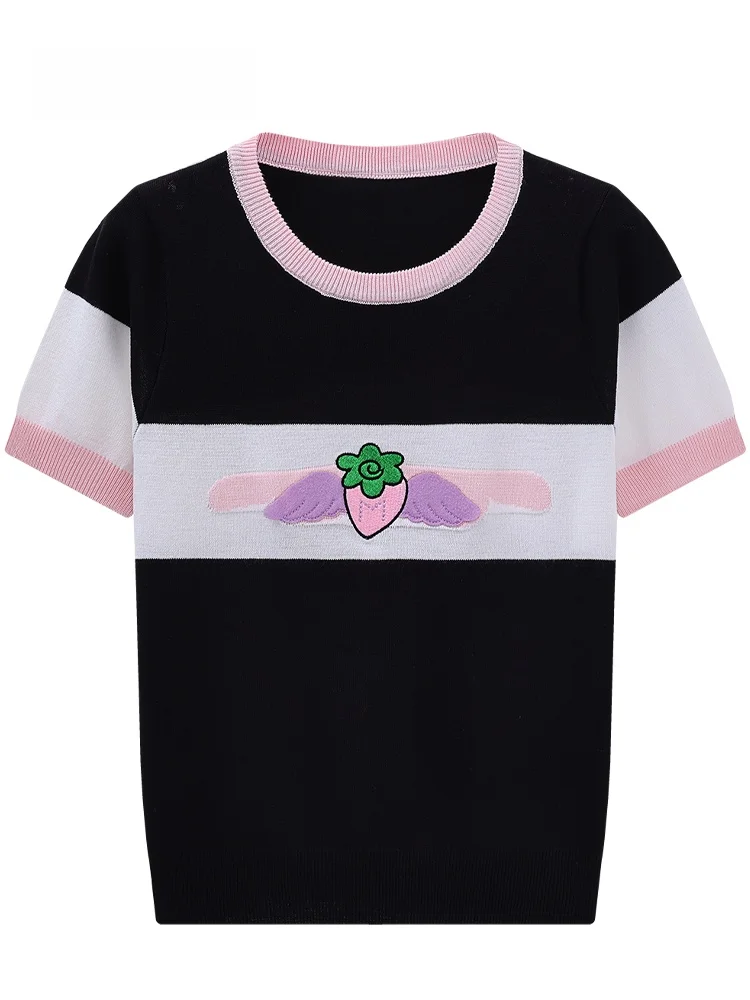 

JZZDEMM Stberrie Wings Decorative Knitted ort Sve Top for Women Faionable Color Blo Design V-Ne Retro Sle