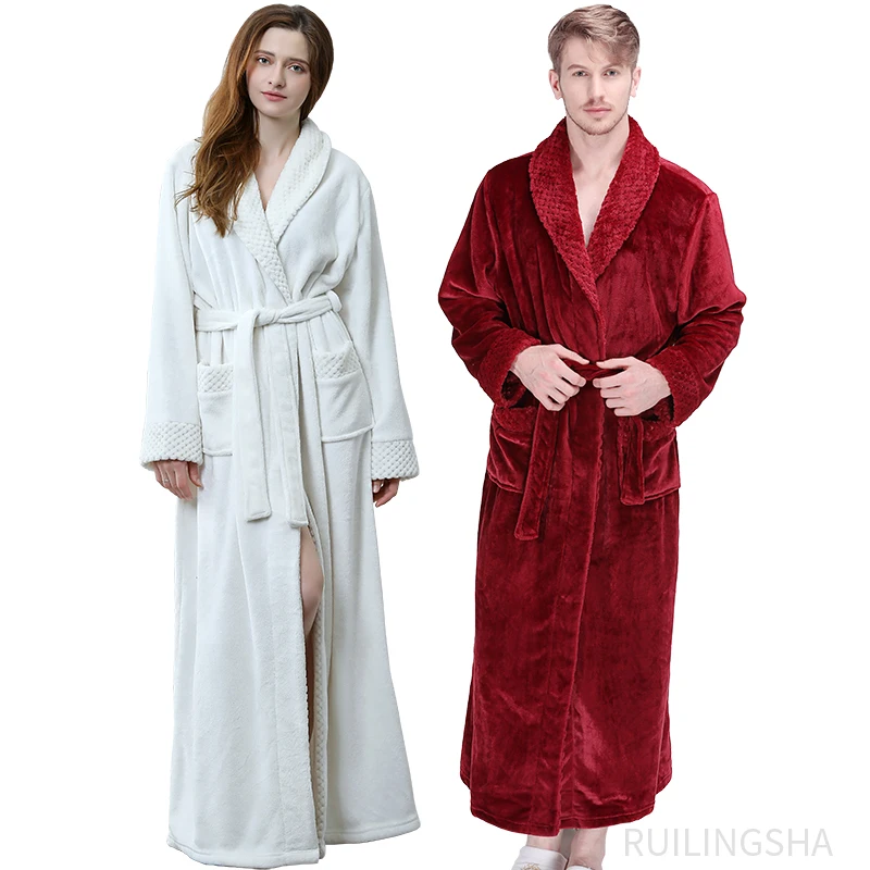 

Women Winter Extra Long Thick Flannel Bath Robe Warm Peignoir Men Bathrobe Femme Sexy Dressing Gown Bridesmaids Wedding Robes