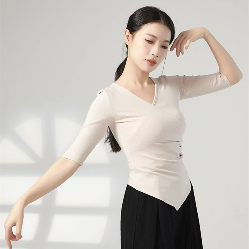 Classical Dance Clothes Women Middle Sleeve Shirt V-Collar Contemporary Dancing Costume Hanfu Irregular Hem Stage Training Tops